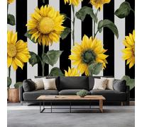 Rayas Retro Girasoles Papeles Pintados de Pared 400 x 280 cm Fotomurales, En Blanco Y Negro Tejido No Tejido Papel Tapiz Fotográfico - Salón Dormitorio Oficina Hotel Decorativos Murales