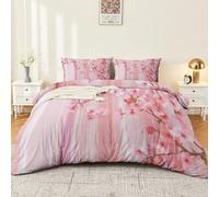 Rayas Verticales Flores Cerezo Edredón 240 x 260 cm, Super Suave Transpirable Rosa Microfibra, Funda de edredón de plumón Romántico Soñador con 2 fundas de almohada para adulto Adolescente Bordado