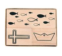 Rayher 29199000 Juego de tres sellos de goma montados en madera con diseños temáticos de bautizo, primera comunión y confirmación, sello de madera para invitaciones, scrapbooking y fabricación de tarjetas, 3,9 x 2,6 cm - 8,3 x 2,6 cm