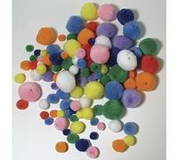 Rayher 7651549 Pompones para auffädeln, 4 tamaños/Colores, 100 Unidades, acrílico, plástico, 26 x 20 x 4 cm