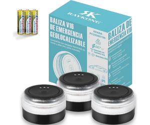 RAYKONG Baliza V16 Geolocalización DGT 3.0 | 2ª Generacion con indicadores LED | Luz Emergencia Coche - Moto Homologado por DGT | SIM y Datos Pagados hasta 2038 | 3 Unidades