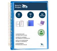 Raylu Paper® - Carpeta clasificadora con anillas con fundas transparentes A4 de 90 micras y sobre con cierre de velcro, tapa personalizable. Carpeta de fundas 100 % biodegradable. (50 Fundas, Azul)