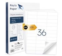 Raylu Paper® - Etiquetas Autoadhesivas A4 Blanco para Imprimir | 100 Hojas de Papel Adhesivo, Compatibles con Impresora Inkjet, Láser y Fotocopiadora | 36 Pegatinas Adhesivas (52 x 30 mm)