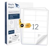 Raylu Paper® - Etiquetas Autoadhesivas A4 Blanco para Imprimir | 100 Hojas de Papel Adhesivo, Compatibles con Impresora Inkjet, Láser y Fotocopiadora | 12 Pegatinas Adhesivas (105x48mm)