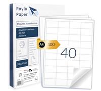 Raylu Paper® - Etiquetas Autoadhesivas A4 Blanco para Imprimir | 100 Hojas de Papel Adhesivo, Compatibles con Impresora Inkjet, Láser y Fotocopiadora | 40 Pegatinas Adhesivas (48,5 x 25,4 mm)