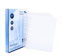Raylu Paper® - Fundas multitaladro de polipropileno 100% reciclable, fundas para documentos de gran apertura, lomo reforzado. 100 unidades. (Transparente - Cristal, Folio - 90 micras)