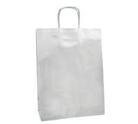 Raylu Paper® - Pack de 25 Bolsas de papel Kraft de colores con asas resistentes, bolsas de papel 100% reciclables para la compra, chuches o regalos (Plata, Pequeñas (25x10x32 cm))
