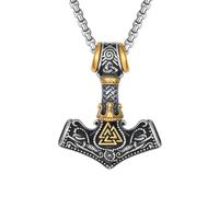 Raymard Collar con talismán de Valknut con martillo de Thor vikingo para hombre, colgante de amuleto nórdico vintage de Mjolnir, con cadena Rolo de 24 pulgadas, joyería de acero inoxidable, Acero