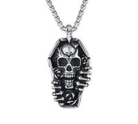Raymard Collar de calavera de ataúd para hombre, collar con colgante de esqueleto punk de acero inoxidable para hombre, cadena Rolo de 24 pulgadas, joyería de calavera para hombre