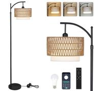 Rayofly Lámpara de pie de arco para sala de estar, lámparas de pie regulables con control remoto, lámpara de pie bohemia con doble pantalla de ratán y lino, lámpara alta de lectura negra para