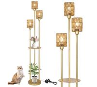 Rayofly Lámpara de Pie Dorada Salón Con Estante - 3 Luces, Pantalla de Ratán, Interruptor de Pie - Moderna y Boho Para Dormitorio y Oficina