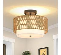 Rayofly Lámpara de Techo Boho Vintage de Ratán Con Pantalla de Lino - Semi Flush Mount de Bambú Para Salón, Dormitorio, Cocina, Pasillo y Comedor - Negro