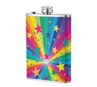 Rayos de confeti de arcoíris y estrellas,Frasco de acero inoxidable 304 de 8 oz con funda de cuero sintético, frasco de bolsillo para licor plano para exteriores