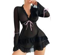 Rayson Conjunto de Lenceria Mujer Volante con Tanga Transparente Ropa de Dormir Cuello en V Picardias Mujer Lencería Pijama(Negro, Talla única)