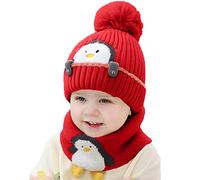 Rayson Gorros para Niño Niña Bebé Otoño Invierno Linda Pequeño pingüino Niños Gorro de Punto Acolchado y Bufanda Traje de 2 piezas(Rojo)