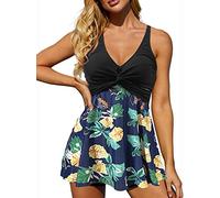Rayson Tankini Mujer en V Hálter Bañador Falda Moda Traje de Baño Clásico de Cintura Alta Elegantes para Piscina Playa(Hojas Azul Marino,L)