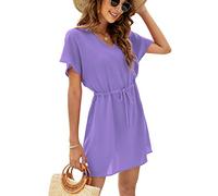 Rayson Vestido de Playa Mujer Cuello en V Manga Corta Cover Up Cordón en La Cintura Bikini Vestido Holgado Chiffon Beachwear Verano Coverups para Estilo Simple Mujeres,Morado