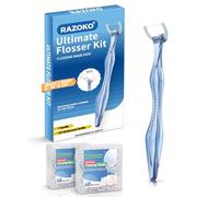 RAZOKO Kit de hilo dental, resistente a las roturas, inserta y gira de 90° a 135° para zonas de difícil acceso, libre de PTFE y PFAS, 1 mango + 120 cabezales de recambio, azul