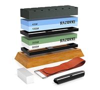 Razorri Juego de piedras de afilar, piedras de afilar de grano 400/1000 y 3000/8000 de doble cara con piedra de nivelación y piedra plana, guía angular, base de bambú, tiras de cuero