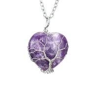 RAZZUM Collar de piedra de cristal natural amatista en forma de corazón collar de árbol de la vida de alambre de amor para mujer niña e/Purple/53cm