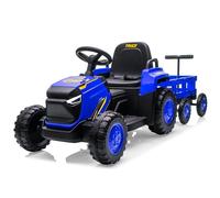 RBFGYIOP Tractor eléctrico Infantil de 12V con Remolque - 6 Ruedas, Motor Dual, Faros música, bocina, cinturón Seguridad, Control Remoto, conexión inalámbrica - Coche de Juguete (Azul)