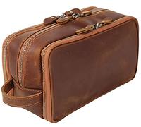 RC ROCKCOW Neceser de cuero personalizado para hombres, kit de afeitado de viaje, bolsas de cosméticos grandes, organizador de baño, Marrón (cuero de grano completo), Mediano, Neceser de cuero vacuno