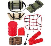 RCHuiWow RC Upgrades Part Axial SCX24 1/18 Trx4m, red de equipaje, saco de dormir, equipaje, paquete decorativo, caja de madera, tanques de combustible, escalera de arena, tambor de aceite, pala, rojo