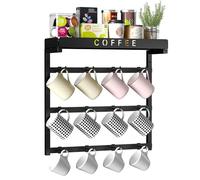 RCHYFEED Soporte para tazas de café montado en la pared, 12 ganchos ajustables que reducen las colisiones de tazas, tazas para exhibición y colección de cocina, estante superior de almacenamiento,