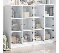 RCODSSK Estantería moderna con espacio de almacenamiento de madera y puertas de cristal en color blanco, 136 x 37 x 109 cm, resistente a la humedad, con puertas de madera