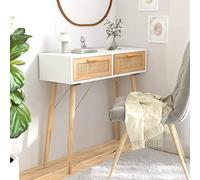 RCODSSK Mesa consola blanca 80 x 30 x 75 cm de madera maciza de pino con 2 cajones y ratán natural, mesa de pasillo escandinava con tablero estable para decoración