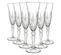 RCR Crystal 25600020006 Copas altas de champán de cristal, juego de 6, copas elegantes de la colección Melodia, 160 ml, para fiestas, recién casados y propietarios, con caja fuerte para lavavajillas