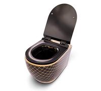 RD Luxury | Elegante inodoro colgante negro y dorado con patrón de cuadros - inodoro de pared de diseño sin borde de cerámica incluye asiento de inodoro de cierre suave y juego de insonorización