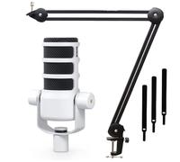 RØDE Rode Podmic - Micrófono para podcast profesional, color blanco + brazo articulado keepdrum MS138