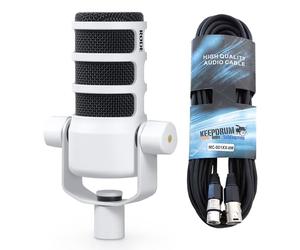 RØDE Rode Podmic - Micrófono para podcast profesional, color blanco + cable keepdrum XLR