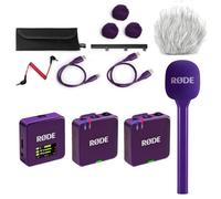 RØDE Wireless GO Gen 3 Sistema de micrófono inalámbrico de 2 canales Lila con adaptador de mano Interview GO Lila y protector de viento de pelo keepdrum
