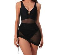 Rdxanc Traje de baño para mujer, fruncido, transparente, con cordón ajustable, falda con cordón ajustable, cuello en V y calzoncillos para natación, gimnasio, piscina