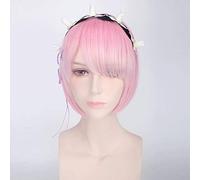 Re: Life In A Different World From Zero Graduated Ram Rem Peluca de Cosplay para Mujer Corta Recta Rosa Azul Anime Peluca Ram peluca y auriculares