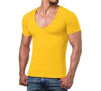 Re Rock Young & Rich - Camiseta para hombre, 12 colores, cuello en V, corte ajustado, monocolor, con cuello de pico, tallas S a 3XL, amarillo, XXL