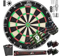 RE:SPORT Diana XXL con 9 dardos profesionales + 24 plumas Pro + accesorios, dardos de acero de sisal de, incluye kit de montaje, diana de acero con punta de metal