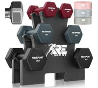 RE:SPORT® Set de mancuernas 3 pares, 1 kg - 5 kg, 12 kg o 18 kg con soporte y 3 bandas de fitness | Mancuernas de neopreno antideslizantes para mujer y hombre | Set de mancuernas (Magenta/Gris neblina