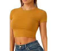 Re Tech UK - Top Corto para Mujer - Cuello Redondo y Manga Corta - Ideal para el Verano - Mostaza - S/M - UK 8-10/EU 36-38