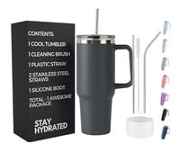 Re Tech UK - Vaso de 40 onzas con popote y tapa + 2 pajitas de acero inoxidable y funda de silicona, 1.2 litros, taza aislada - Taza de viaje con asa, vaso de viaje con popote y tapa, color gris