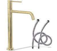 Rea Grifo de LAVABO Lugano Slim Gold High| Mezclador de lavabo para baño | Grifo de baño | Altura 34 cm | Mezclador monomando de diseño moderno