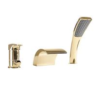 Rea Grifo para bañera con ducha de mano y manguera - Mezclador de cascada de latón - 3 orificios - Estilo moderno - Dorado