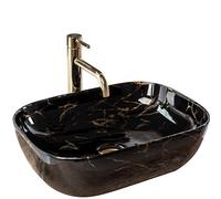 Rea LAVABO SOBRE ENCIMERA BELINDA MÁRMOL NEGRO BRILLANTE Lavabo de Baño 465 x 330 x 135 mm en Cerámica (Negro brillo, imitación mármol)
