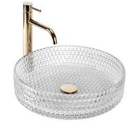 Rea Lavabo sobre Encimera Cristal Transparente 39 Aro de cepillo dorado Lavabo de baño 400 x 400 x 110 mm Vidrio (transparente)
