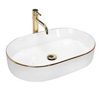 Rea Lavabo sobre Encimera de Cerámica Nadia White Gold Edge Lavabo de Baño 610 x 385 x 120 mm Cerámica (Blanco/Oro)