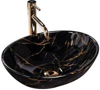 Rea LAVABO SOBRE ENCIMERA SOFIA MÁRMOL NEGRO Lavabo de Baño 410 x 345 x 150 mm en Cerámica (Negro brillo, imitación mármol)