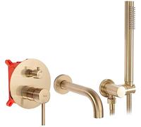 Rea Lungo Gold Brush GRIFO DE BAÑERA EMPOTRADO + Mezclador de bañera con ducha de mano de latón para baño frío y caliente ajustable (oro cepillado)