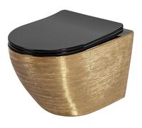Rea Taza de Inodoro Carlo Cepillo Plano Taza de Inodoro de Cerámica Dorada - Asiento de Duroplast con Cierre Suave - Descenso Automático con Cierre Suave (Oro/Negro)